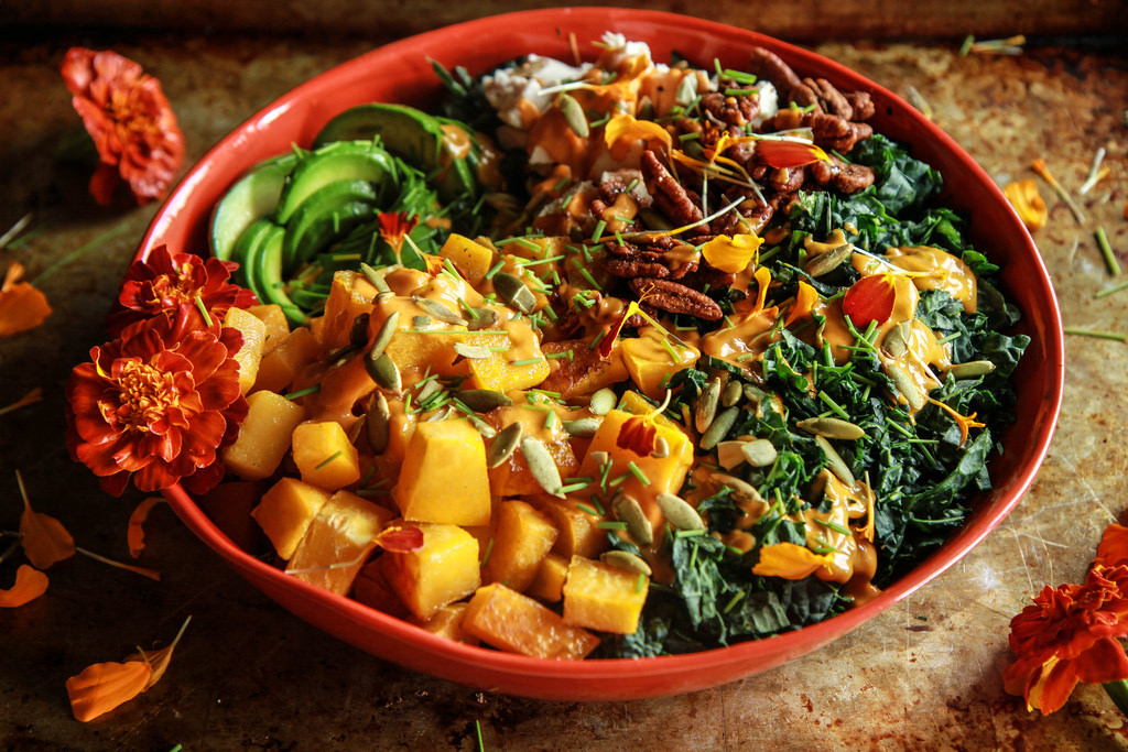This image has an empty alt attribute; its file name is Kale-Roasted-Pumpkin-Chicken-and-Avocado-Salad-with-Smoky-Pumpkin-Dressing-from-HeatherChristo.com_.jpg